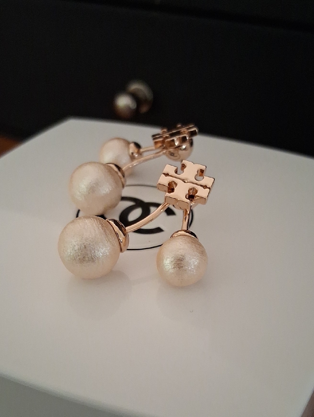 Tory Burch Rose Gold and Cream Pearl Front-Back Earrings